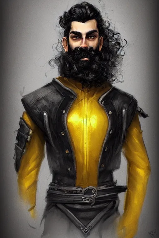 Prompt: Arab man light beard, curly hair, swordsman, modern, hero, leather , yellow and charcoal, character concept art, costume design, trending on artstation, Artgerm , WLOP