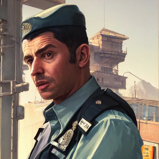 Image similar to highly detailed portrait, police officer, in gta v, stephen bliss, unreal engine, fantasy art by greg rutkowski, loish, rhads, ferdinand knab, makoto shinkai and lois van baarle, ilya kuvshinov, rossdraws, tom bagshaw, global illumination, radiant light, detailed and intricate environment