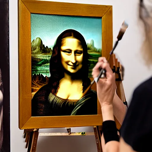 Prompt: A woman that looks like Mona Lisa is painting a portrait of Lenoardo da Vinci in a workshop