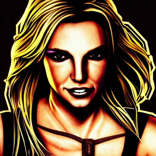 Image similar to britney spears portrait, borderlands, tales from the borderlands, the wolf among us, comic, cinematic lighting, studio quality, 8 k