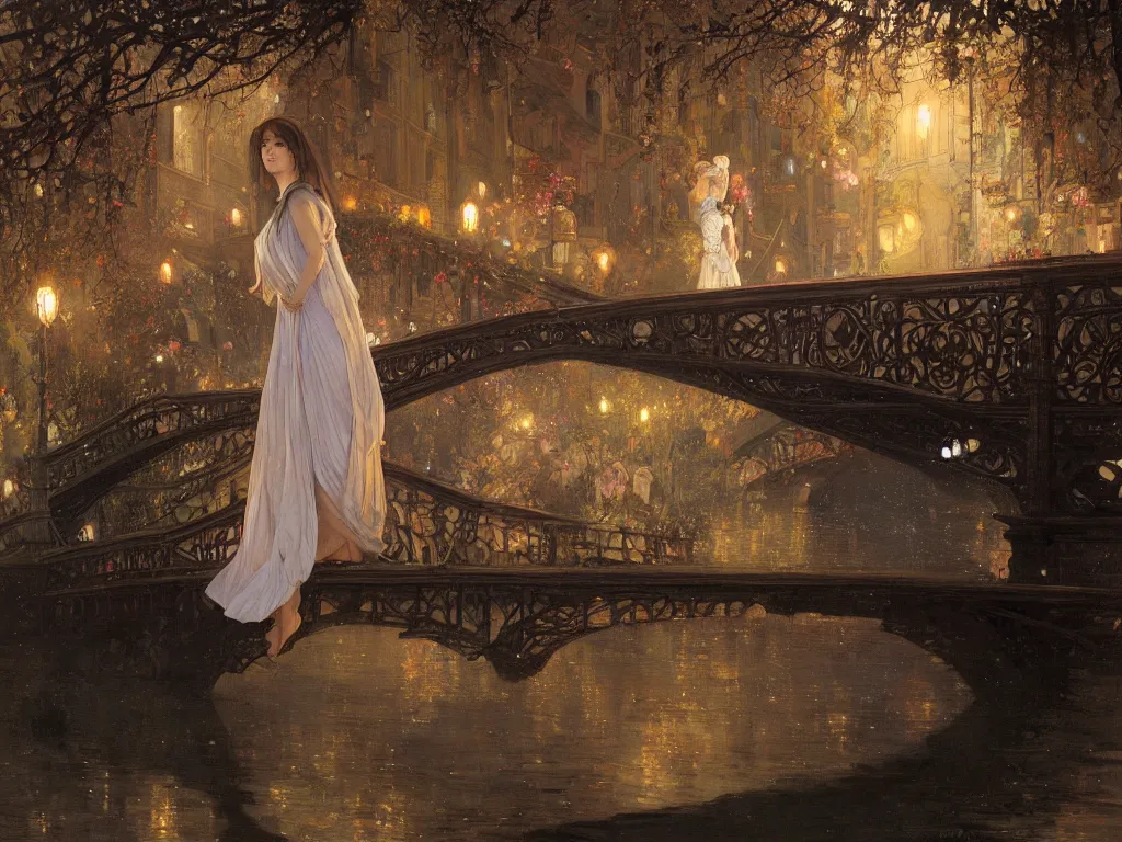 Image similar to a beautiful painting of a girl standing on a bridge, watching the view from the river of the lantern festival in a an ancient italian town, at night with a sky full of stars, intricate, elegant, highly detailed, digital painting, artstation, concept art, by krenz cushart and artem demura and alphonse mucha