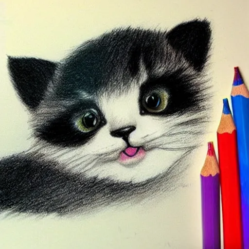 Image similar to child drawning of a cute kitten with panda body and cat face, crayon