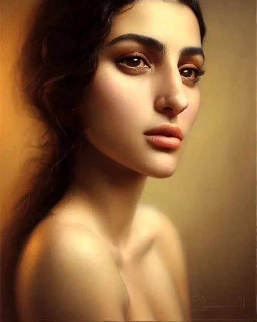 Image similar to a highly realistic, true to life portrait of a beautiful young middle eastern girl, soft focus, from the waist up, with sharp features, a beautiful face, soft smile, under studio lighting, taken with a canon eos camera with 1 3 5 mm focal length, art by karol bak, james jean, tom bagshaw, trending on artstation,