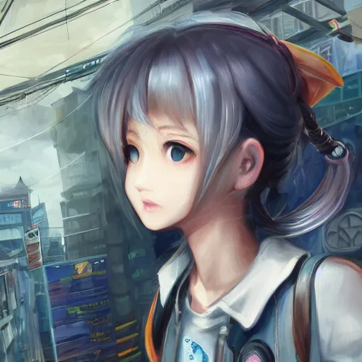 Image similar to dynamic composition, motion, ultra-detailed, incredibly detailed, a lot of details, amazing fine details and brush strokes, colorful and grayish palette, smooth, HD semirealistic anime CG concept art digital painting, watercolor oil painting of Clean and detailed post-cyberpunk sci-fi close-up schoolgirl in asian city in style of cytus and deemo, blue flame, relaxing, calm and mysterious vibes,, by a Chinese artist at ArtStation, by Huang Guangjian, Fenghua Zhong, Ruan Jia, Xin Jin and Wei Chang. Realistic artwork of a Chinese videogame, gradients, gentle an harmonic grayish colors. set in half-life 2, Matrix, GITS, Blade Runner, Neotokyo Source, Syndicate(2012), dynamic composition, beautiful with eerie vibes, very inspirational, very stylish, with gradients, surrealistic, dystopia, postapocalyptic vibes, depth of field, mist, rich cinematic atmosphere, perfect digital art, mystical journey in strange world