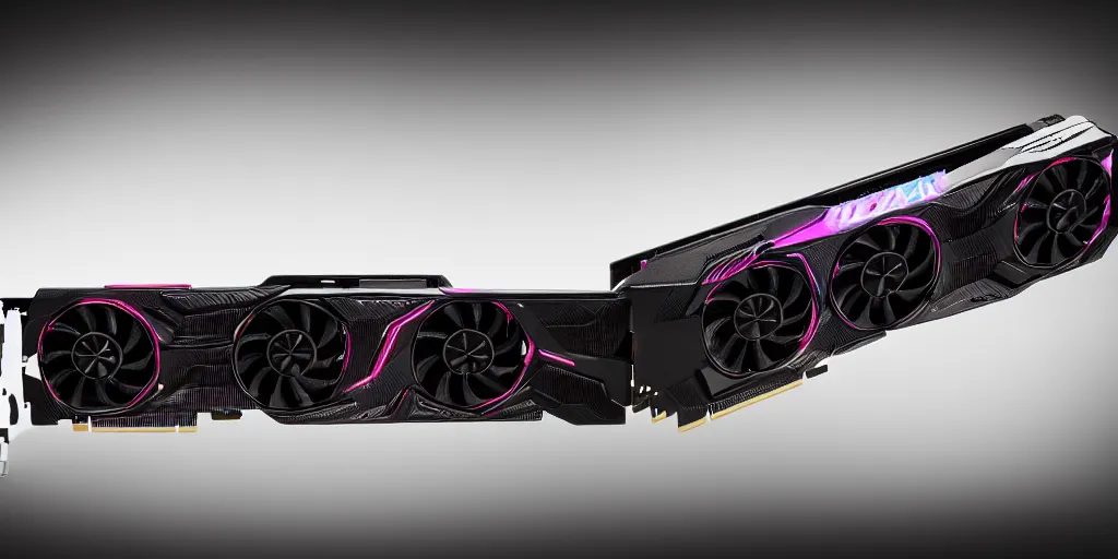 Prompt: product photo of triple wide extra long gtx rtx 4 0 9 0 nvidia gpu graphics card dramatic black background neon lighting gamer hardware