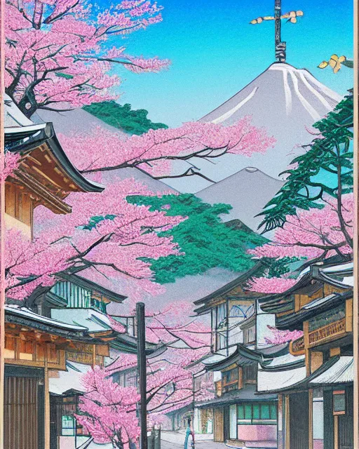 Prompt: artdeco illustration of a street in a quiet japanese village, sakura season, fuji in background. pastel colours. beautiful. artstation, deviantart, pinterest, 5 0 0 px models