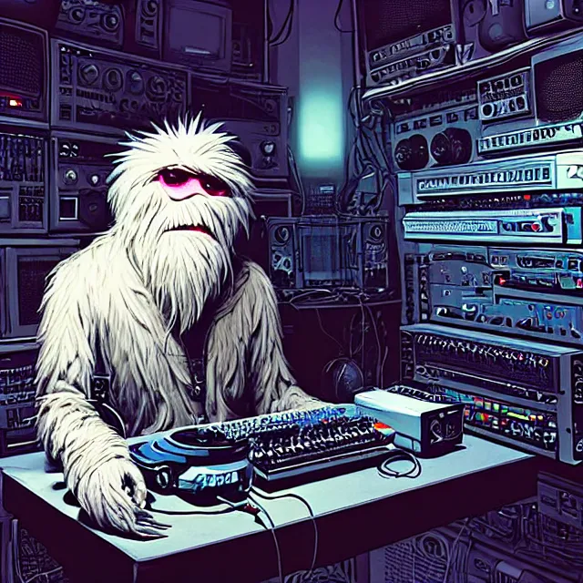 Prompt: a portrait of an anthropomorphic cyberpunk yeti podcasting while working in his secret electronics lab, detailed render, tape deck, hanging microphone, boombox, headphones, epic composition, cybernetics, 4 k realistic, cryengine, realistic shaded lighting, sharp focus, masterpiece, by matteo scalera, gary montalbano, peter elson in the style of the tokyo ghost comic