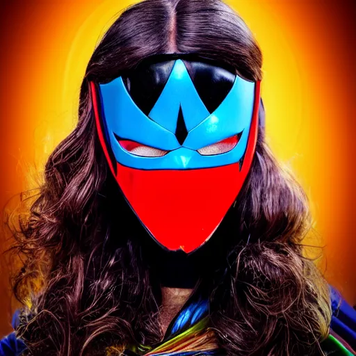 Image similar to a detailed portrait photo of a rainbow themed super hero, super hero costume, super hero mask, cinematic shot