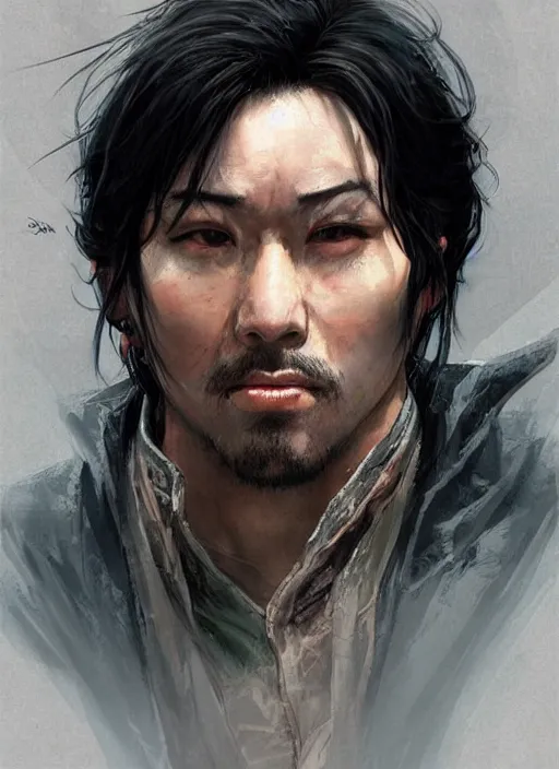 Prompt: asian with medium black hair man looking down at me, low angle, camera low, dndbeyond, bright, colourful, realistic, dnd character portrait, full body, pathfinder, pinterest, art by ralph horsley, dnd, rpg, lotr game design fanart by concept art, behance hd, artstation, deviantart, hdr render in unreal engine 5