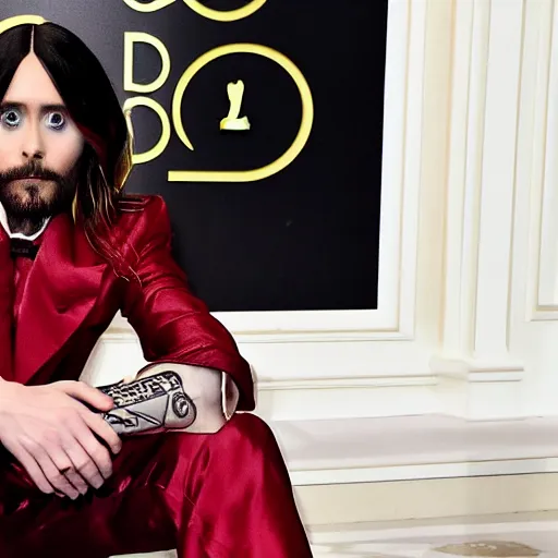 Image similar to jared leto sitting in a bathtub full of oscars after his performance in morbius