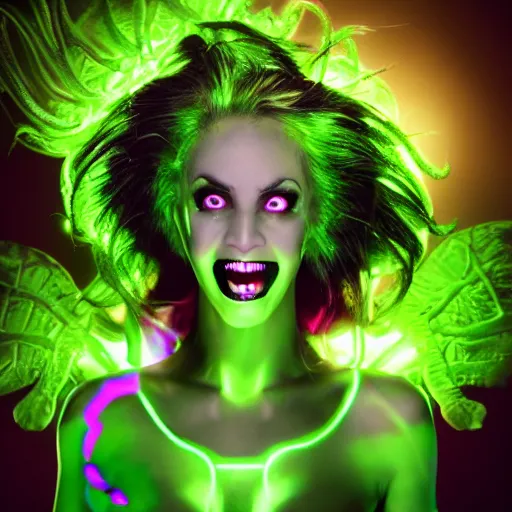 Prompt: a portrait photo of a poison themed female villain, glowing green, poison dripping, poison teeth, detailed character design, maximalist