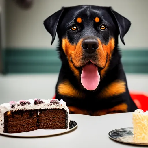 Prompt: a high - quality photo of a cute rottweiler with a half - eaten birthday cake, 4 5 mm, f 3. 5, sharpened, iso 2 0 0, raw, food photography