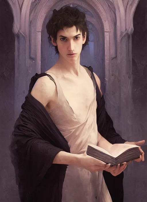 Image similar to character concept portrait of an attractive young focused Spanish wizard with pale red skin enchanting an arousal spell, a floating iridescent spell book in the center, intricate, elegant, digital painting, concept art, smooth, sharp focus, illustration, from Metal Gear, by Ruan Jia and Mandy Jurgens and William-Adolphe Bouguereau, Artgerm