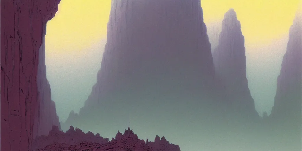 Prompt: grainy risograph matte painting of gigantic huge mech with huge swords, pastel matte colors, staying in the foggy huge canyon, by moebius, hyperrealism, intricate detailed