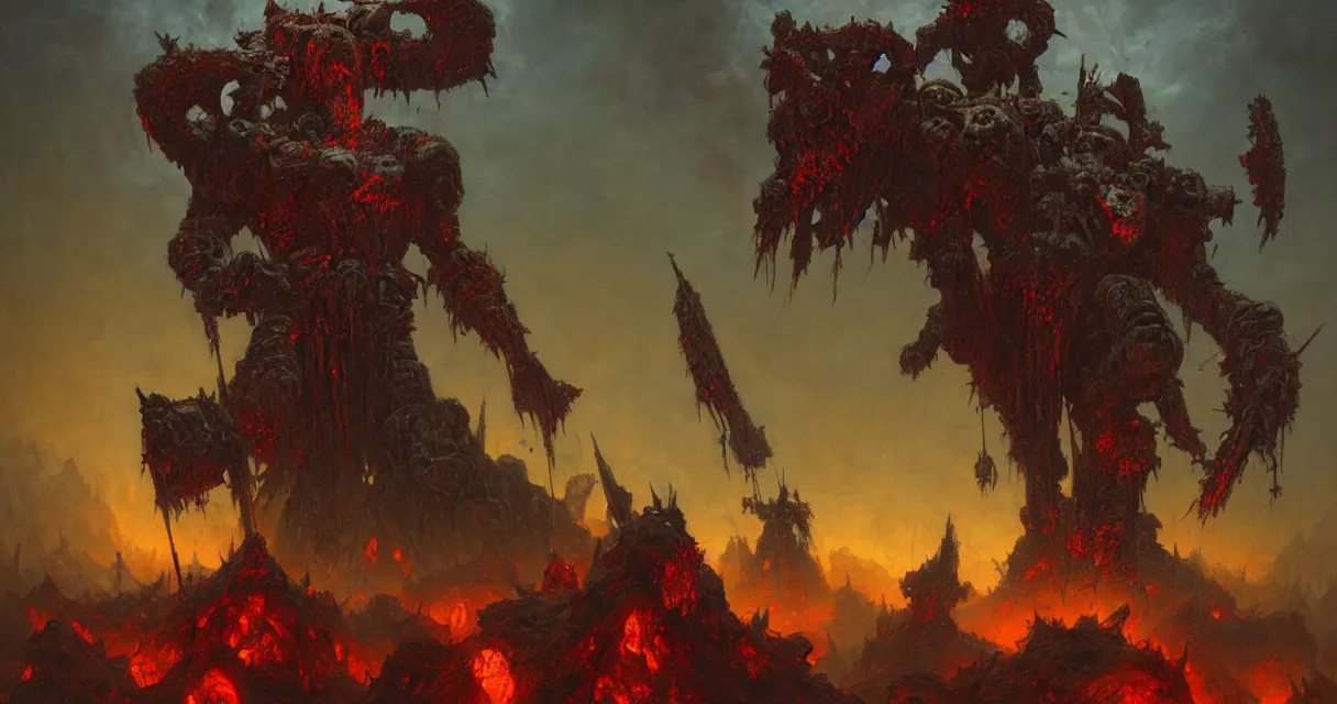 Image similar to painting of doom slayer wearing his armor standing on top of a pile of demon corpses, heroic pose, by Zdzislaw Beksinski, id software, gothic, amazing details, volumetric lighting, 8k, cold hue's, warm tone gradient background