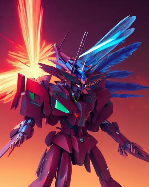 Prompt: highly detailed vfx portrait of an demonic gundam with wings of feathers beam saber fighting in space with a beam gun, unreal engine, greg rutkowski, loish, rhads, beeple, makoto shinkai and lois van baarle, ilya kuvshinov, rossdraws, tom bagshaw, alphonse mucha, global illumination, detailed and intricate environment