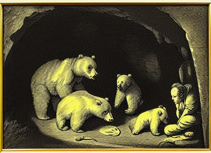 Image similar to Pieter Claesz's 'a bear and her cubs sleeping in a dark cave, lit by hole in roof', night time, cross hatching, framed, monochrome, yellow