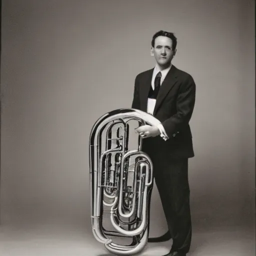 Prompt: a man standing on a stage in a suit and tie with a tuba instead of a head, photograph