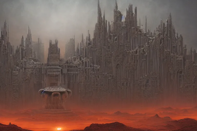 Image similar to sci - fi concrete alien eldritch baroque rococo gothic architecture in hell, babylonian, ziggurat, city, zaha hadid, beksinski, wayne barlowe, oil painting, photoreal, highly detailed, 8 k, hd, vray, artstation, cinematic matte painting, extreme detail photo quality, sunset, featured on behance