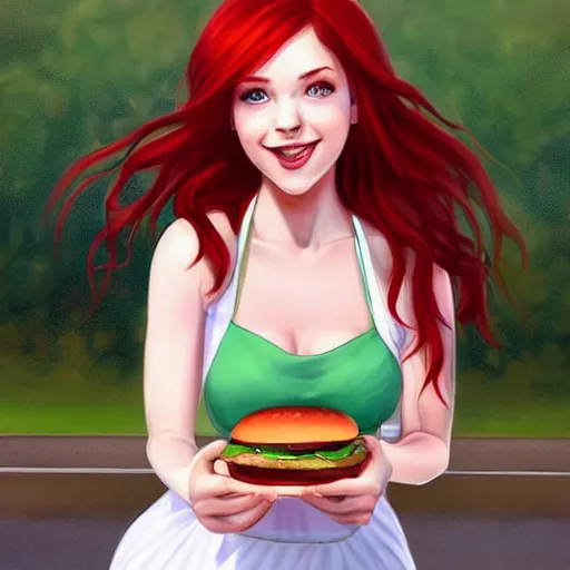 Image similar to beautiful woman with red hair and green eyes wearing a white sundress, at a drive-through, flirting, smiling, eye contact, perfect face, it\'s Wendy from Wendy\'s giving out hamburgers, digital art in the style of artgerm and WLOP, extreme long shot