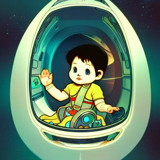 Image similar to a baby in a spaceship, very detailed, smooth render, illustration, art style by shigeru miyamoto and Alphonse Mucha