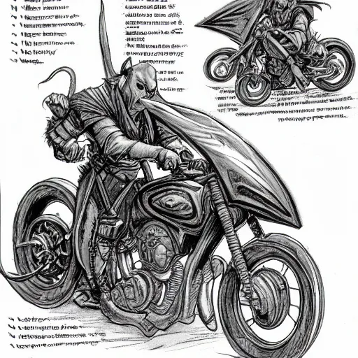 Image similar to dungeons and dragons, goblin on a motorcycle, concept art, players handbook, very detailed, mechanic, schematic, illustration, stats