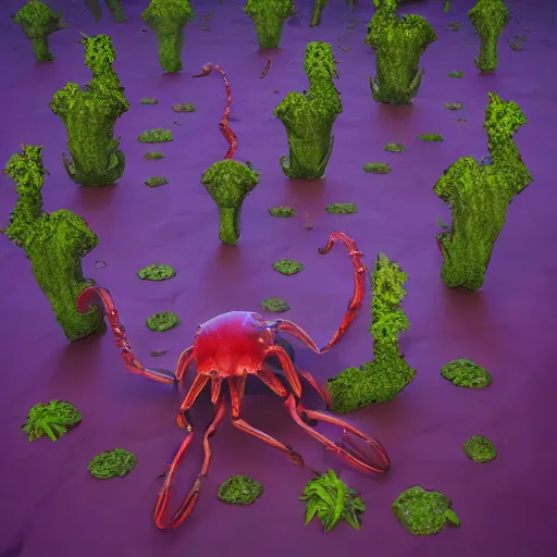 Image similar to voidless of the festival!, The Graveyard, blood moon tentacles!!, large group of crabs and worms, crawling along a bed of moss, low poly, creeper world, handcrafted, artstation, hyperrealistic, hard light, best practices, creeptastic, photorealism, macro perspective, cuddly