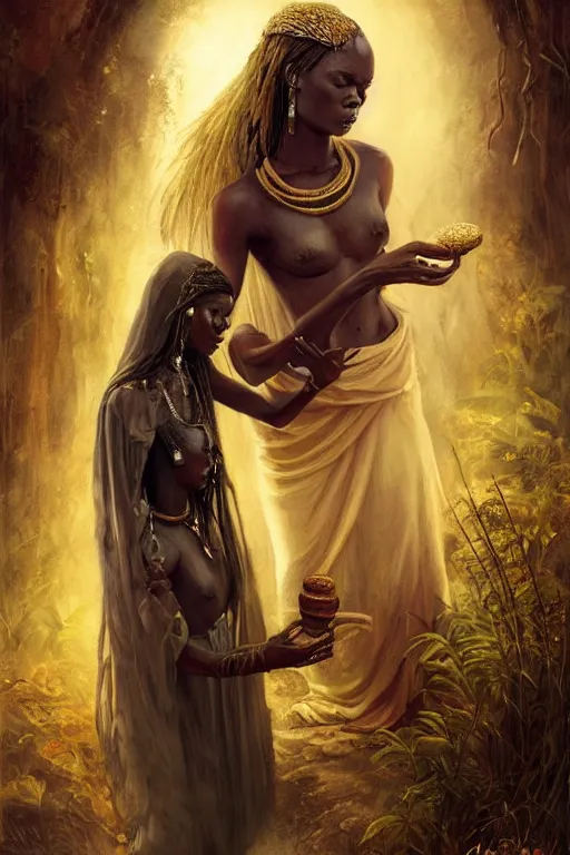 Image similar to african princess giving an offering to a heavenly being, mystical artifact, digital art, fantasy, magic, professional illustration by seb mckinnon, wlop, and artgerm, illustration