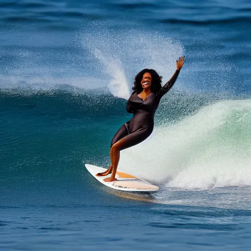 Prompt: oprah winfrey surfing in the ocean, photograph portrait, 4 k high definition photography