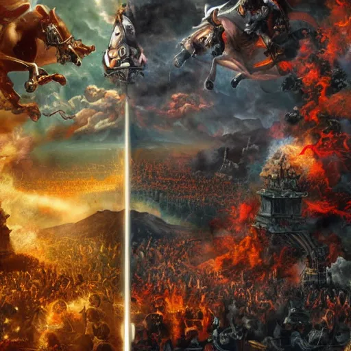 Prompt: battle between heaven and hell, highly detailed illustrated poster, HD, 8k