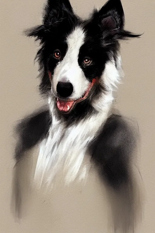 Prompt: portrait of a cute male anthropomorphic border collie fursona wearing a suit. by henry asencio, jon foster, and ross tran. highly detailed, concept art, furry, glamor pose, elegant, aesthetic, beautiful, trending on artstation