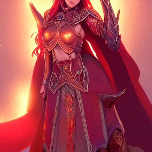 Prompt: a female elven cleric with red long hair, very good beautiful heavy scale armor, wearing a cape, casting a fire spell, magical, bright, colorful, fantastic lighting, amazing details, 4 k uhd, illustration by stephanie brown and mingchen shen and ilya kuvshinov, artstation, pixiv, concept art,