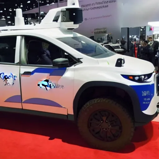 Image similar to google self driving car equipped with multiple rocket launcher system, photo from defense innovations expo 2 0 2 0