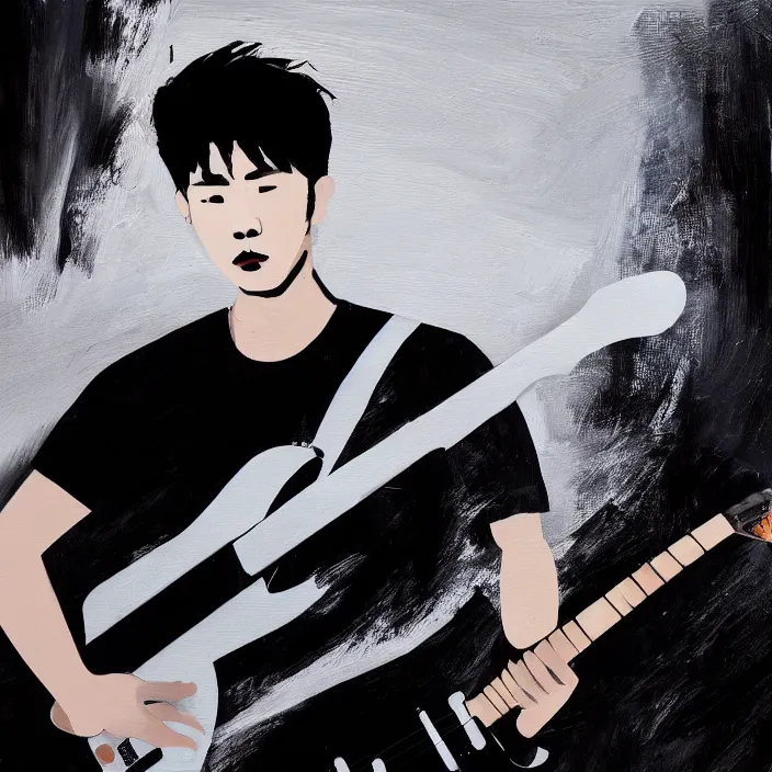 Image similar to large diagonal brush strokes, abstract dark painting of a young korean male musician wearing black tank top holding a telecaster!!! electric guitar!! in a dark room, thick flowing dramatic brush strokes, matte colors, abstract, impressionist, motion, trending on artstation