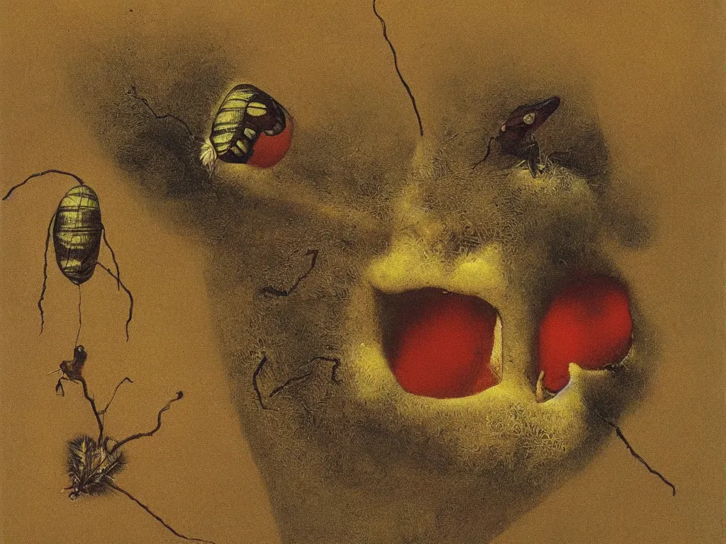 Image similar to The face of a strange puffy moth. Painting by Beksinski, Walton Ford