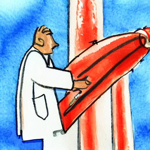 Prompt: a doctor performing surgery on a rocket, watercolor art traced by pencil