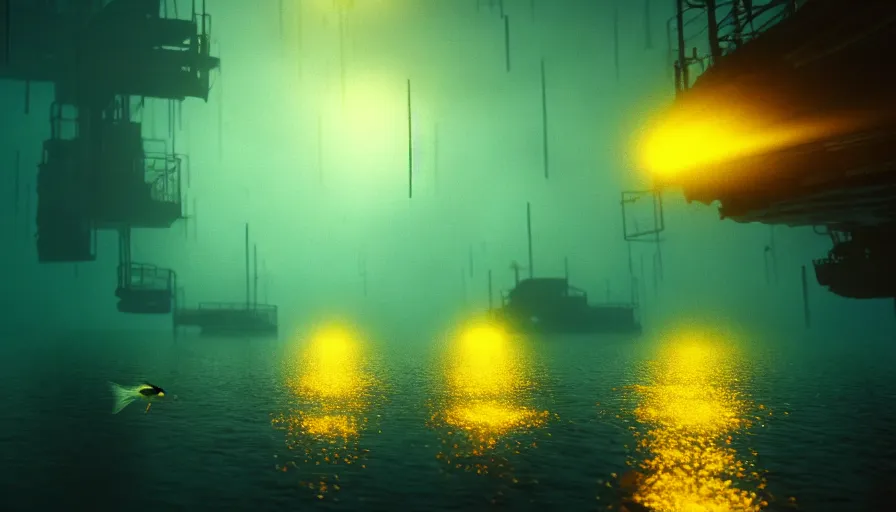 Image similar to a city underwater, landscape shot, small fish swimming around, yellow lights, by jmw turner, cold colors, highly detailed, moody lighting, octane render, 4 k, 8 k, ultrarealistic