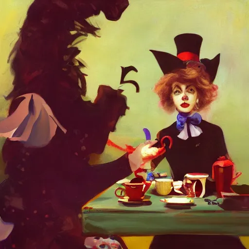 Prompt: tea time, Alice in Wonderland by Malcolm Liepke, hyper realism, 8k, trending on artstation