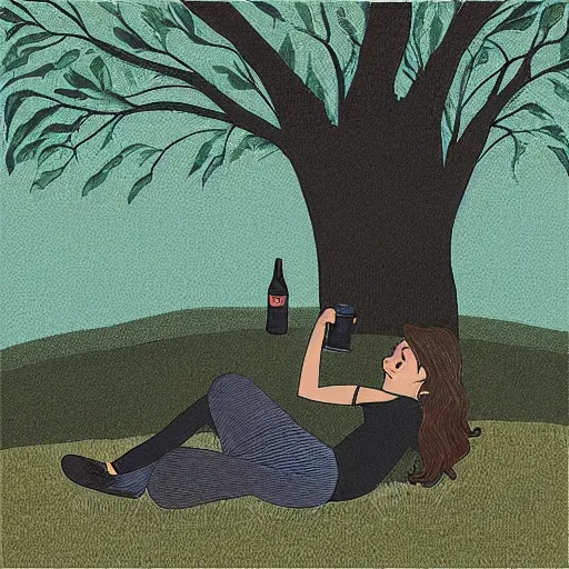 Image similar to “ girl drinking a beer under a tree, illustration by evan m. cohen ”