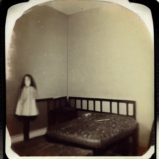 Prompt: Creepy ghost near old bed in motel room | vintage scratched polaroid photo