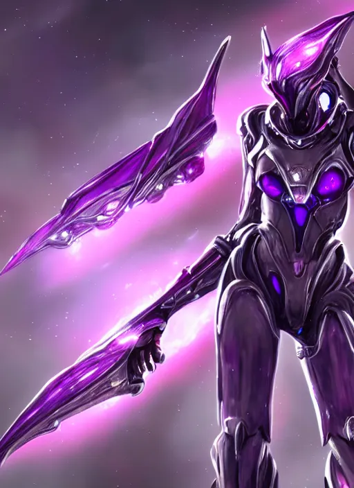 Image similar to cinematic close shot, galactic sized proportional stunning beautiful hot female warframe, sleek mecha goddess dragon head, metal ears, led purple eyes, smooth fuschia skin, smooth silver armor, floating in space, holding a galaxy, epic proportions, epic size, epic detail, furry art, dragon art, giantess art, warframe fanart, furaffinity, octane