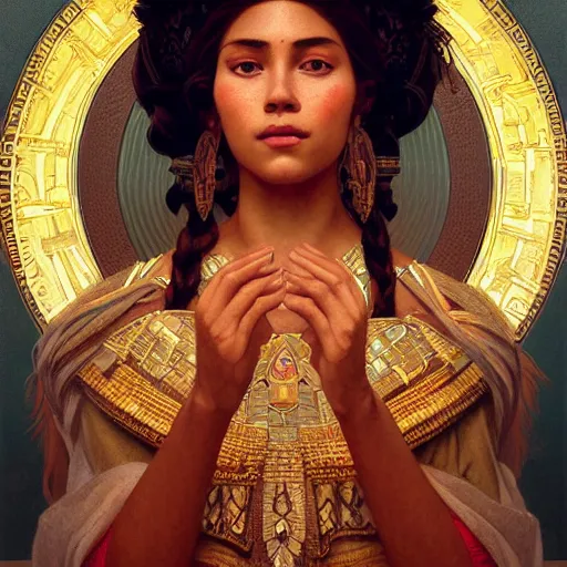 Prompt: portrait of an aztec goddess, intricate, elegant, highly detailed, digital painting, artstation, concept art, smooth, sharp focus, illustration, art by artgerm and greg rutkowski and alphonse mucha and william - adolphe bouguereau