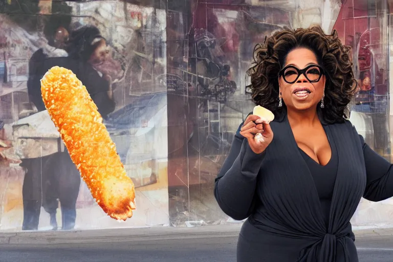 Prompt: oprah winfrey holding a corndog pointing to homeless people, mission street, hyper realistic, 8 k, ethereal details, high resolution, cinematic lighting