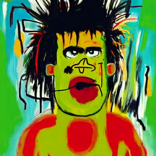 Image similar to a Painting by Jean Michel Basquiat about The Hulk