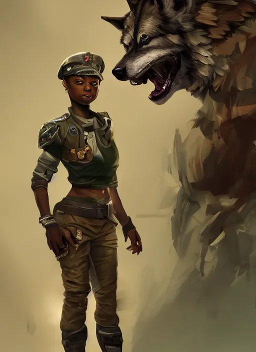 Image similar to a highly detailed illustration of skai jackson wearing tattered military uniform and green officer cap with giant wolf next to her, dramatic standing pose, intricate, elegant, highly detailed, centered, digital painting, artstation, concept art, smooth, sharp focus, league of legends concept art, wlop