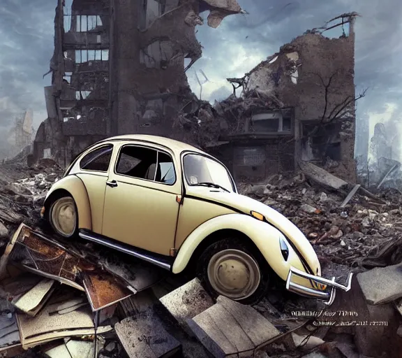 Image similar to one single Volkswagen Beetle in a pile of rubble in the ruins of a house. Post apocalyptic, ruins, rubble, gloomy. By Makoto Shinkai, Stanley Artgerm Lau, WLOP, Rossdraws, James Jean, Andrei Riabovitchev, Marc Simonetti, krenz cushart, Sakimichan, trending on ArtStation, digital art.