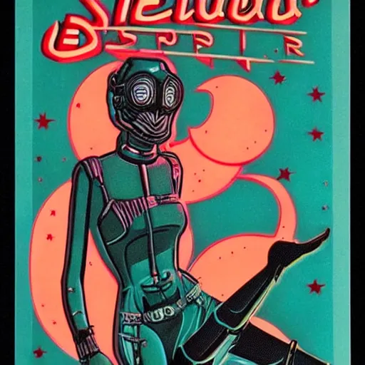 Prompt: retro 1950’s dead space engineer, beautiful woman with brown hair in a futuristic city made of glass, stars and moon. It is art deco style, 1950’s, glowing highlights, teal palette. Horror, dramatic