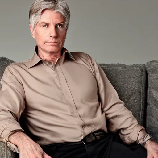 Image similar to full body photo of steve, mature male, mysterious face. he is sitting gracefully on a sofa, elegant slim beige shirt, tight shirt, pumped belly