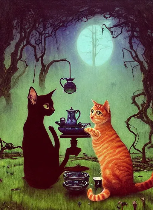 Image similar to cat having tea with a witch at a shrine in the woods gorgeous lighting, lush forest foliage blue sky a hyper realistic painting by chiara bautista and beksinski and norman rockwell and greg rutkowski weta studio, and lucasfilm