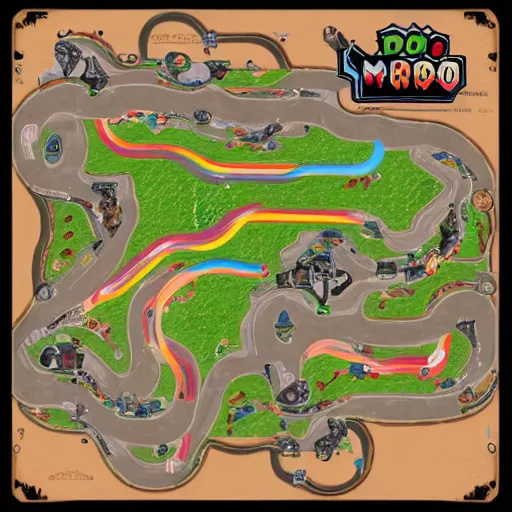 Image similar to top down view of Nintendo Mario kart double dash custom racetrack map. Western dustbowl themed custom rootin tootin wild west map.